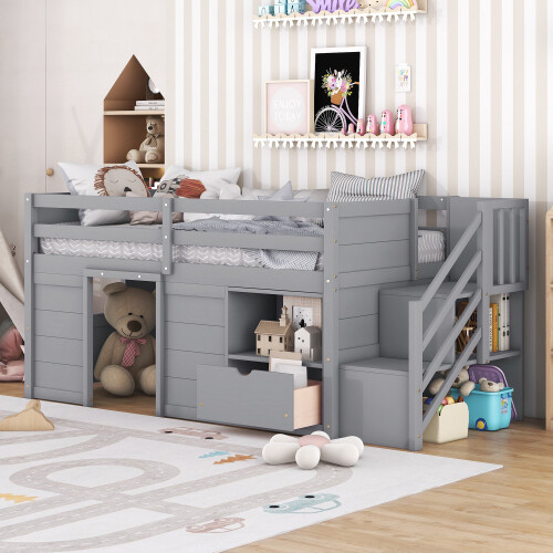 Twin Size Loft Bed with Staircase and Storage Drawer Kids Loft Bunk Beds Bedroom gallery