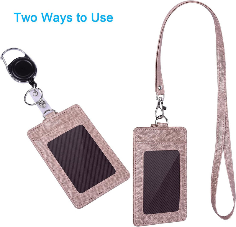 Retractable Badge Holder with Lanyard, Double Sided PU Leather ID Card Holder wi gallery