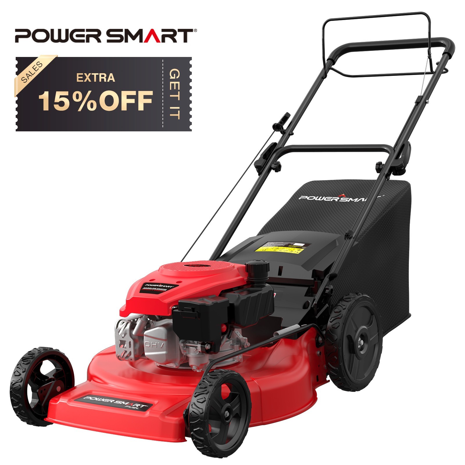 PowerSmart 22" Walk-Behind Gas Lawn Mower, 170cc, Large Rear Wheels, Grass Bag gallery