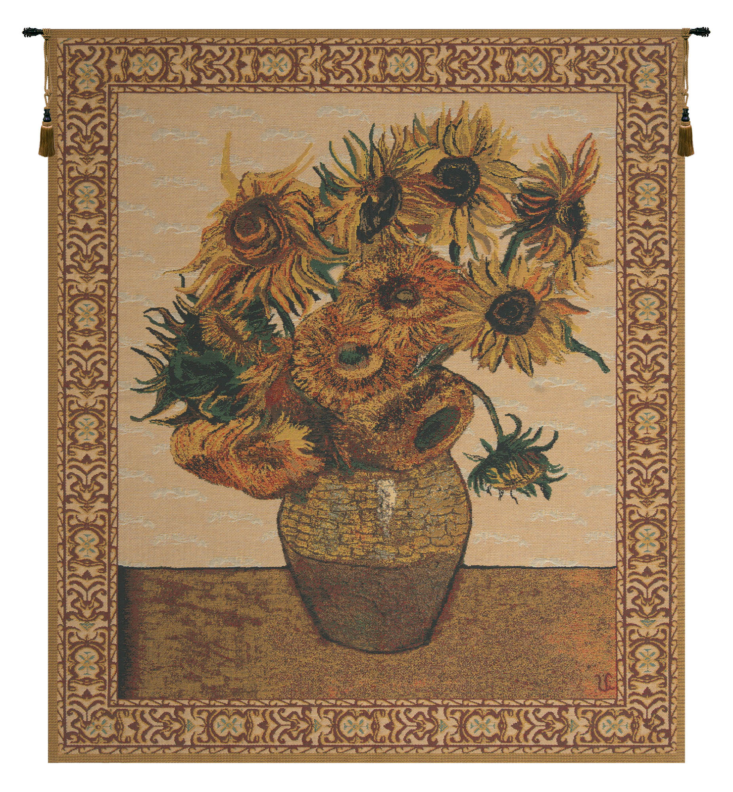 Sunflower Beige Van Gogh Floral Belgian Woven Tapestry Wall Hanging 41x34 in gallery