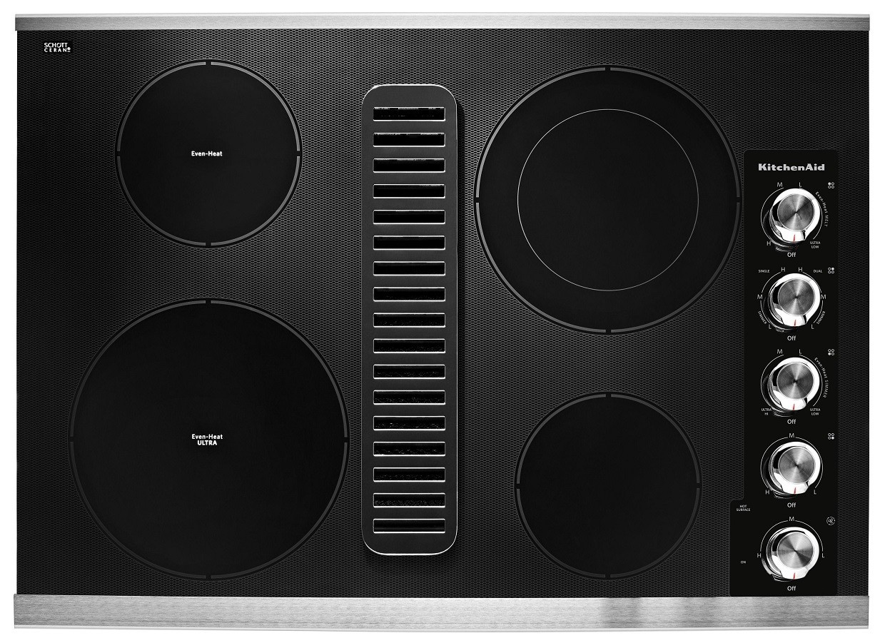 KitchenAid 30" W 4-Element Electric Cooktop w/ Downdraft Exhaust KCED600GSS, NEW gallery