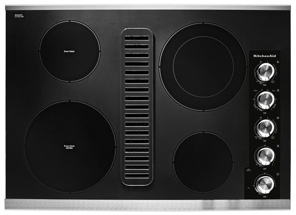KitchenAid 30" W 4-Element Electric Cooktop w/ Downdraft Exhaust KCED600GSS, NEW