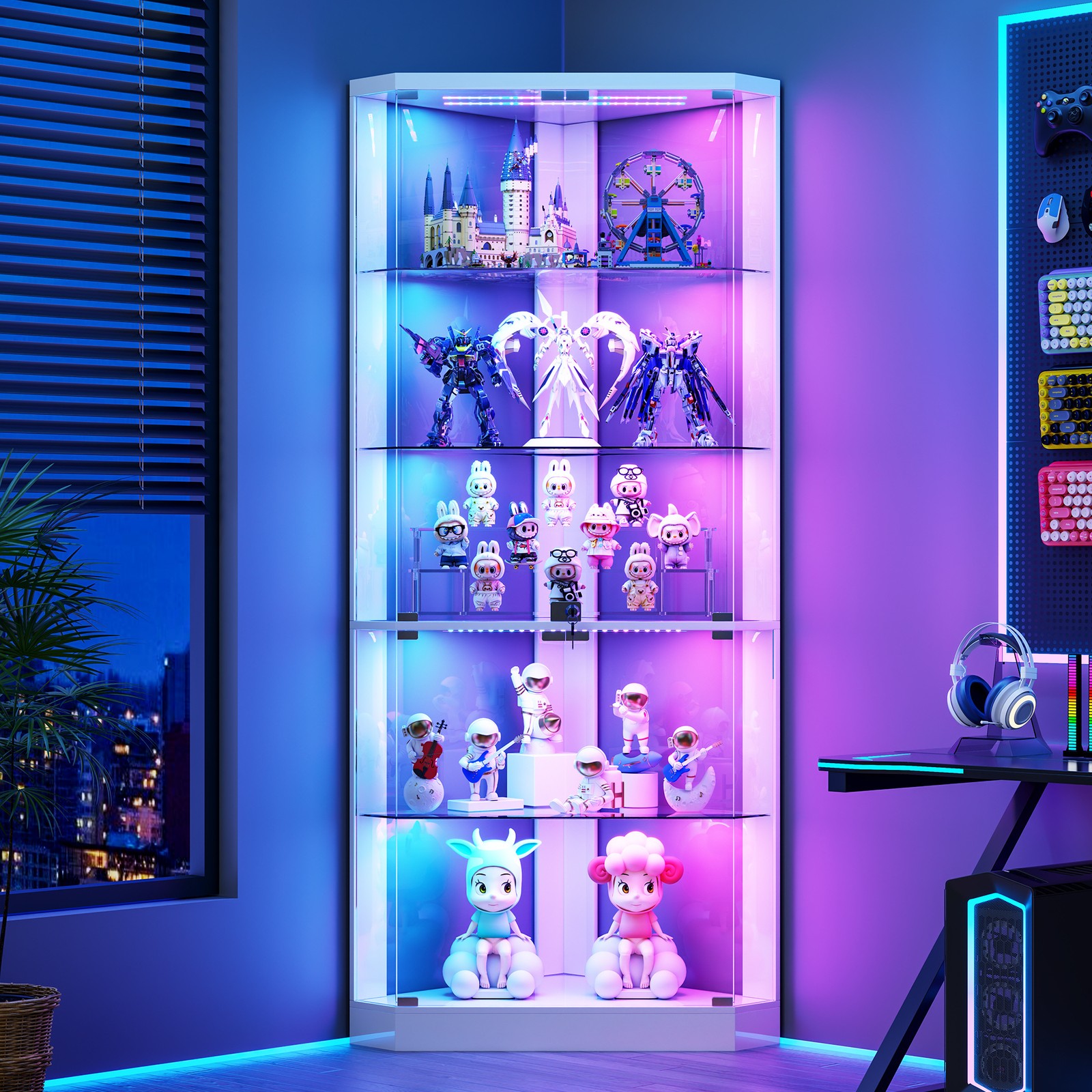 Corner Display Cabinet with Glass Doors, 5-Tiers Curio Cabinets with RGB Lights gallery