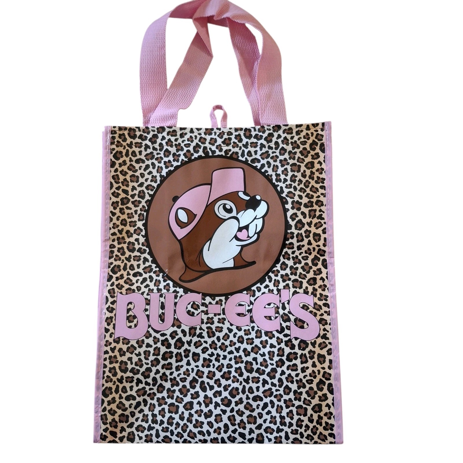 ​Buc-ee's Reusable Tote Bag Pink Leopard Cheetah Print Beaver Logo 15x12x7 In. gallery