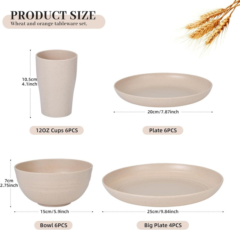 24 - Piece Wheat Straw Dinnerware Set - Plates and Bowls for 6, Unbreakable, Dis gallery
