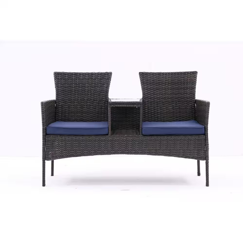 Plastic Outdoor Loveseat Built-In Coffee Table,Tempered Glass Top and Blue Remov gallery