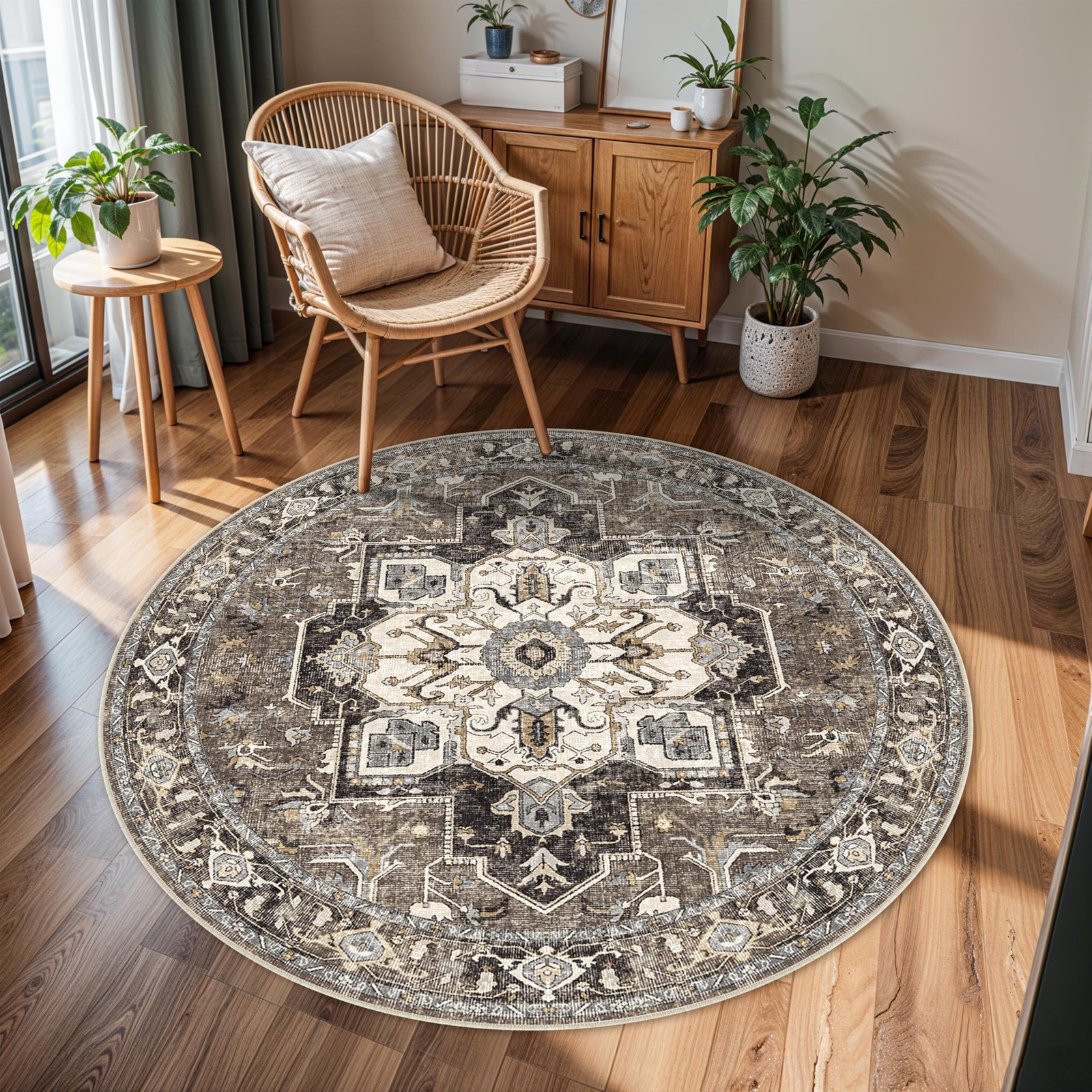 RUUGME Ultra-Thin Washable Round Rug: 4ft Vintage Circle Area Rugs for Living... gallery