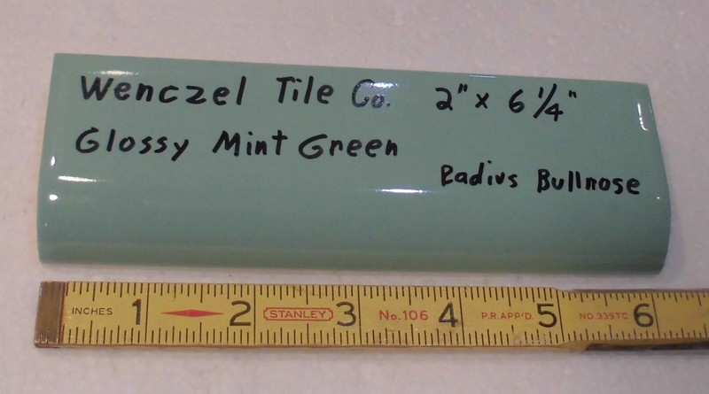 1 pc. Mint Green: Glossy Ceramic Radius Bullnose Tile: Wenczel Co. 2" X 6-1/4" gallery