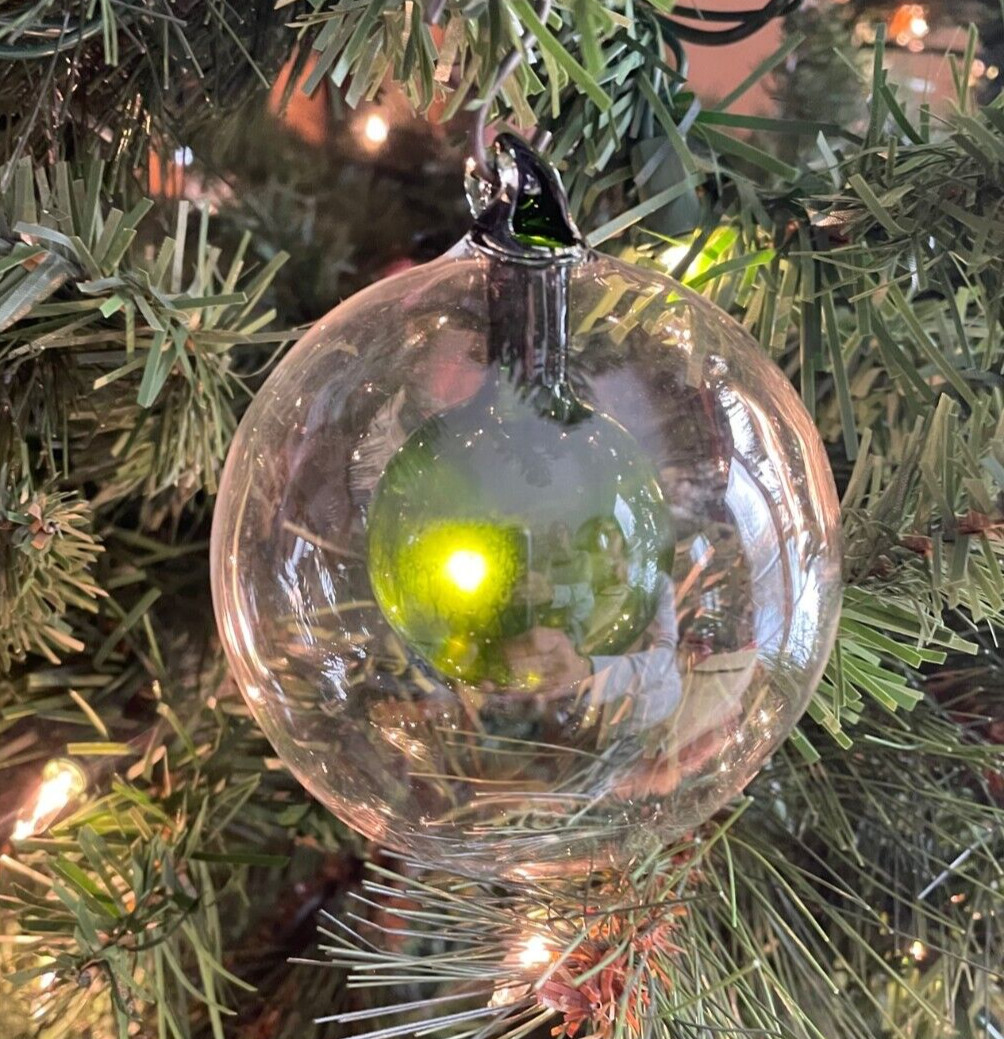 CB2 Crate & Barrel NWOT 3" Clear Glass Ball Ornament w/ Green Glass Ball Inside gallery