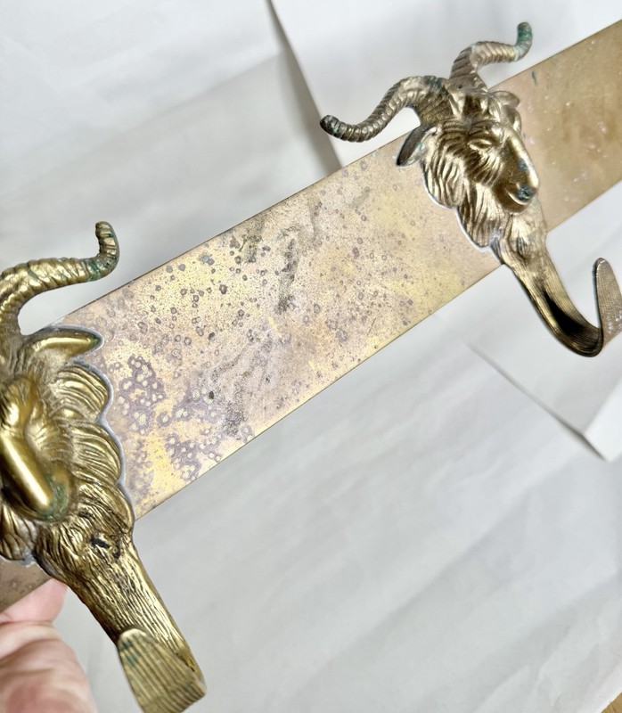 Mid Century Solid Brass Sculptural Goat Ram Head 3 Hook Wall Mount Coat Rack gallery
