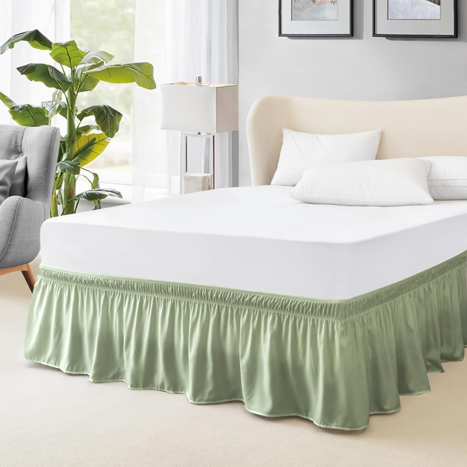 Queen Bed Skirt Elastic Fit 15-Inch Drop Sage Green Hotel Quality gallery