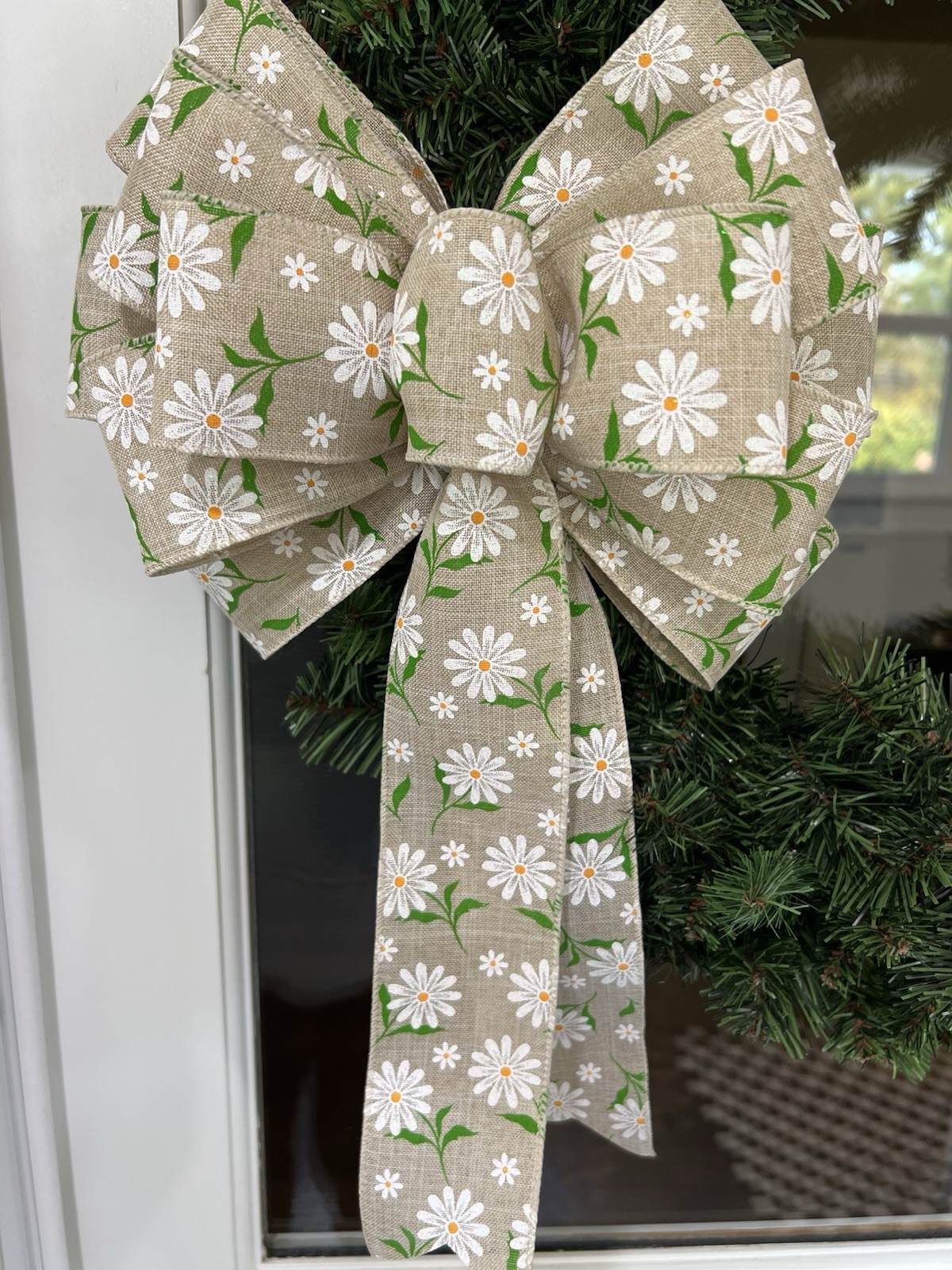 Handmade Summer Spring Tan Daisy Flower Bow 10 x 16 in. Bow for Wreath or Swag gallery