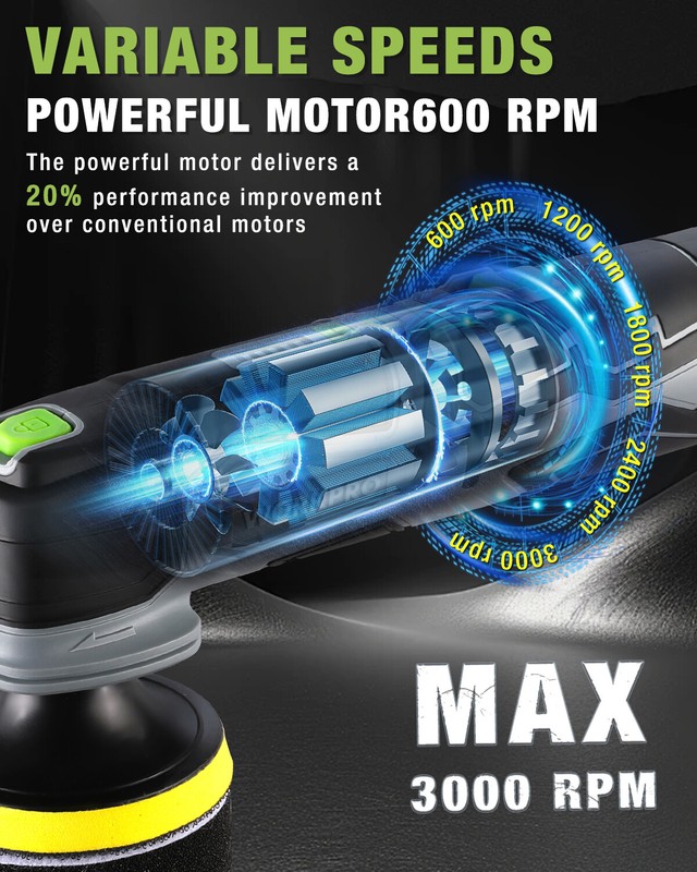 WORKPRO Cordless Mini Buffer Polisher 12V 5 Variable Speed Up to 3000RPM Battery gallery