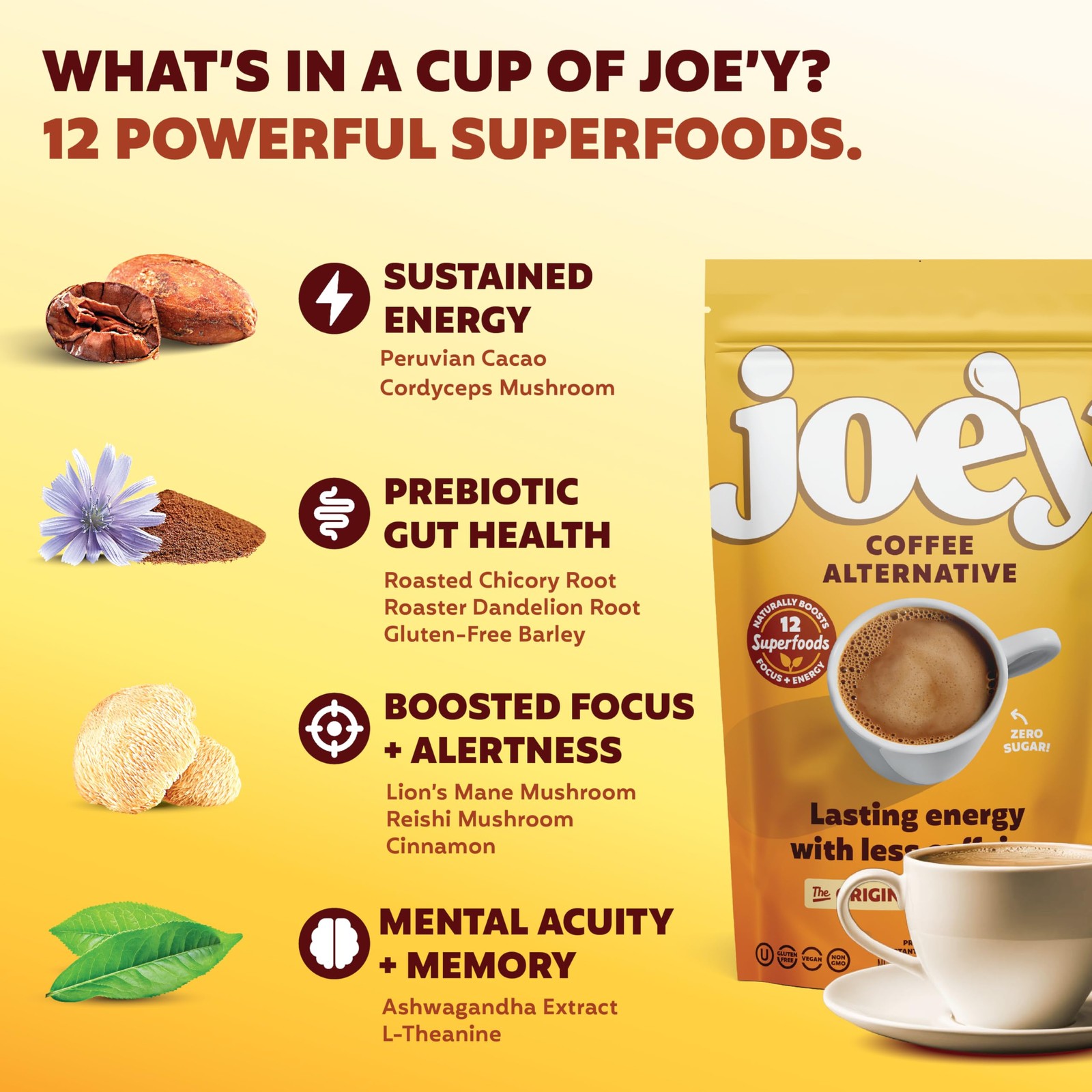 Joey Mushroom Coffee Alternative with Cacao Dandelion Root, and Chicory, Inst... gallery