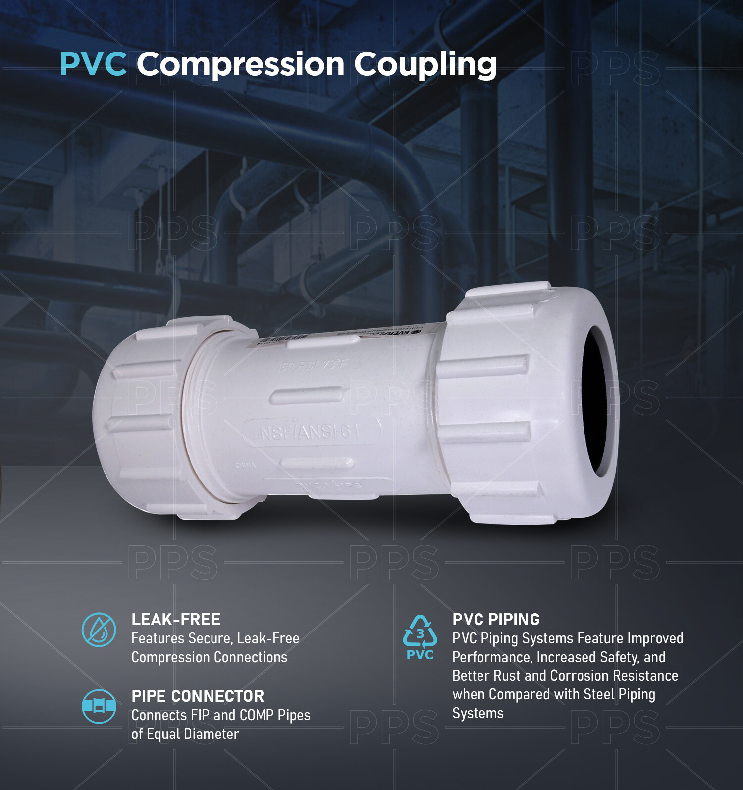 PVC Compression Coupling Pipe Fitting White Plastic Size 1/2" to 4" USA Stock gallery