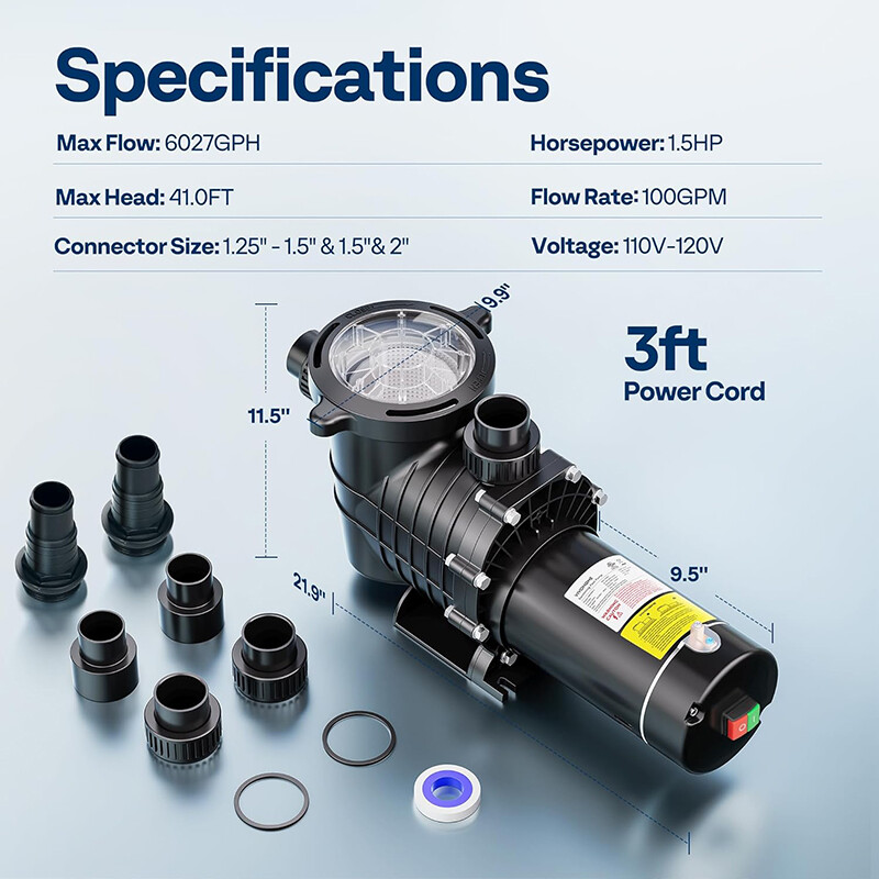 1.5HP 2.0HP Swimming Pool Pump Self-Priming for In/Above Ground Pools w/Strainer gallery