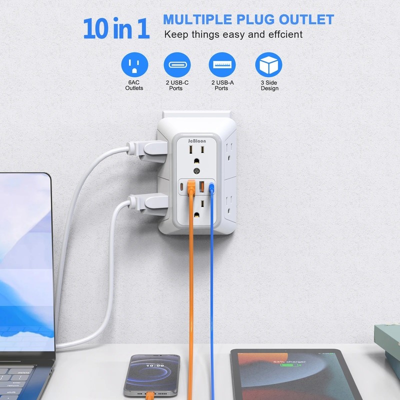 6 Outlet Extender Surge Protector Multi Plug Wall Adapter USB Charger Ports with gallery