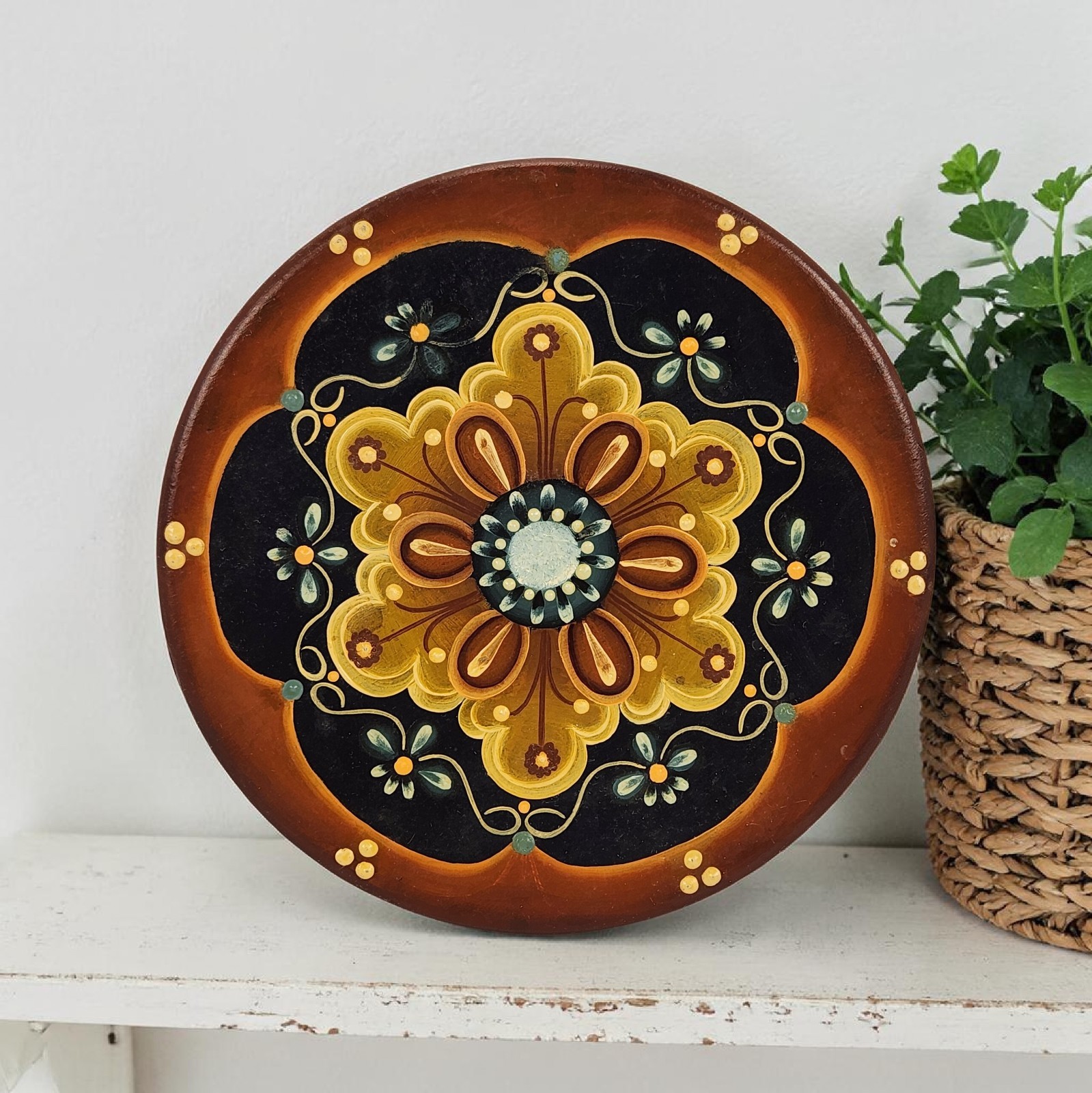 VTG Norwegian Rosemaling Hand Painted Plate Plaque Floral Black Golden Yellow 6" gallery