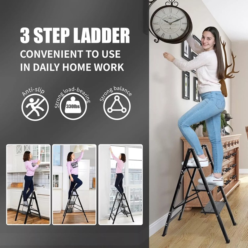 3 Step Black Folding Ladder Step Stool w/Wide Anti-Slip Pedal Carbon Steel gallery