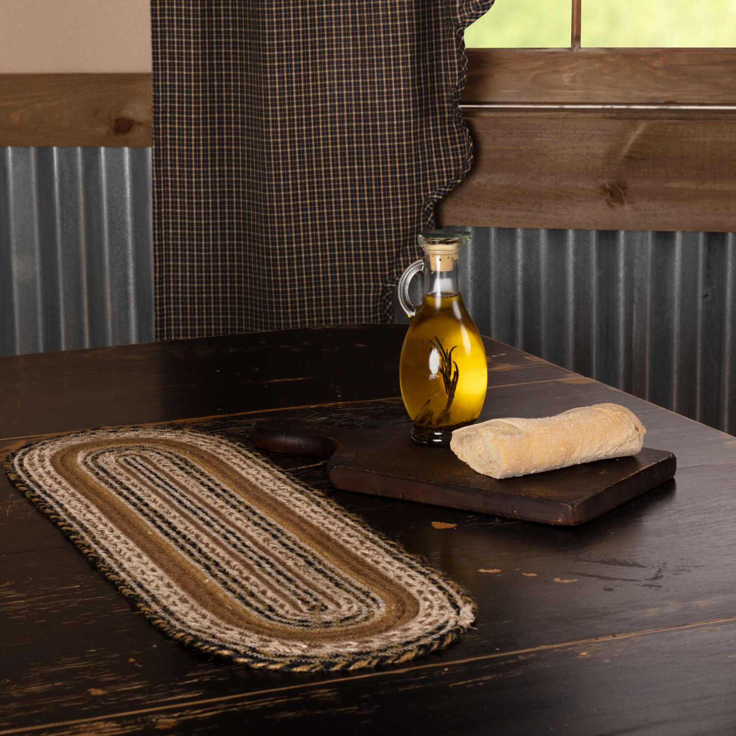 New Primitive Farmhouse Rustic BROWN BLACK TAN JUTE TABLE RUNNER Braided Mat 24" gallery