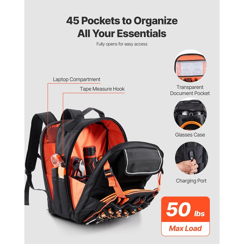 Tool Backpack 45 Pockets Tear-resistant Jobsite Backpack for Electrician gallery
