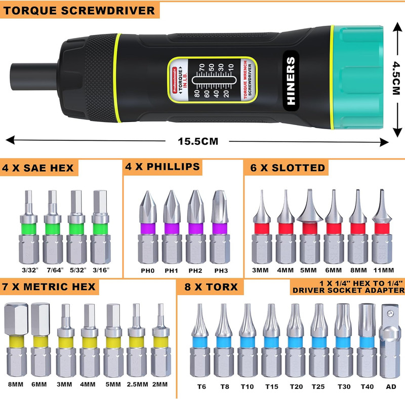 31 Piece Torque Screwdriver Driver Set 1/4" 10-80 Inch Pounds lbs 30pcs S2 Bits gallery