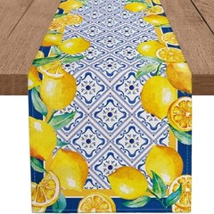 Capri Blue Lemon Table Runner Italy Tile Burlap 13 x 48 Inch Light Blue