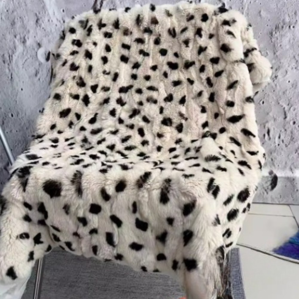 Real Rabbit Fur Leopard Striped Blanket Real Fur Carpet Rug Throw Leather