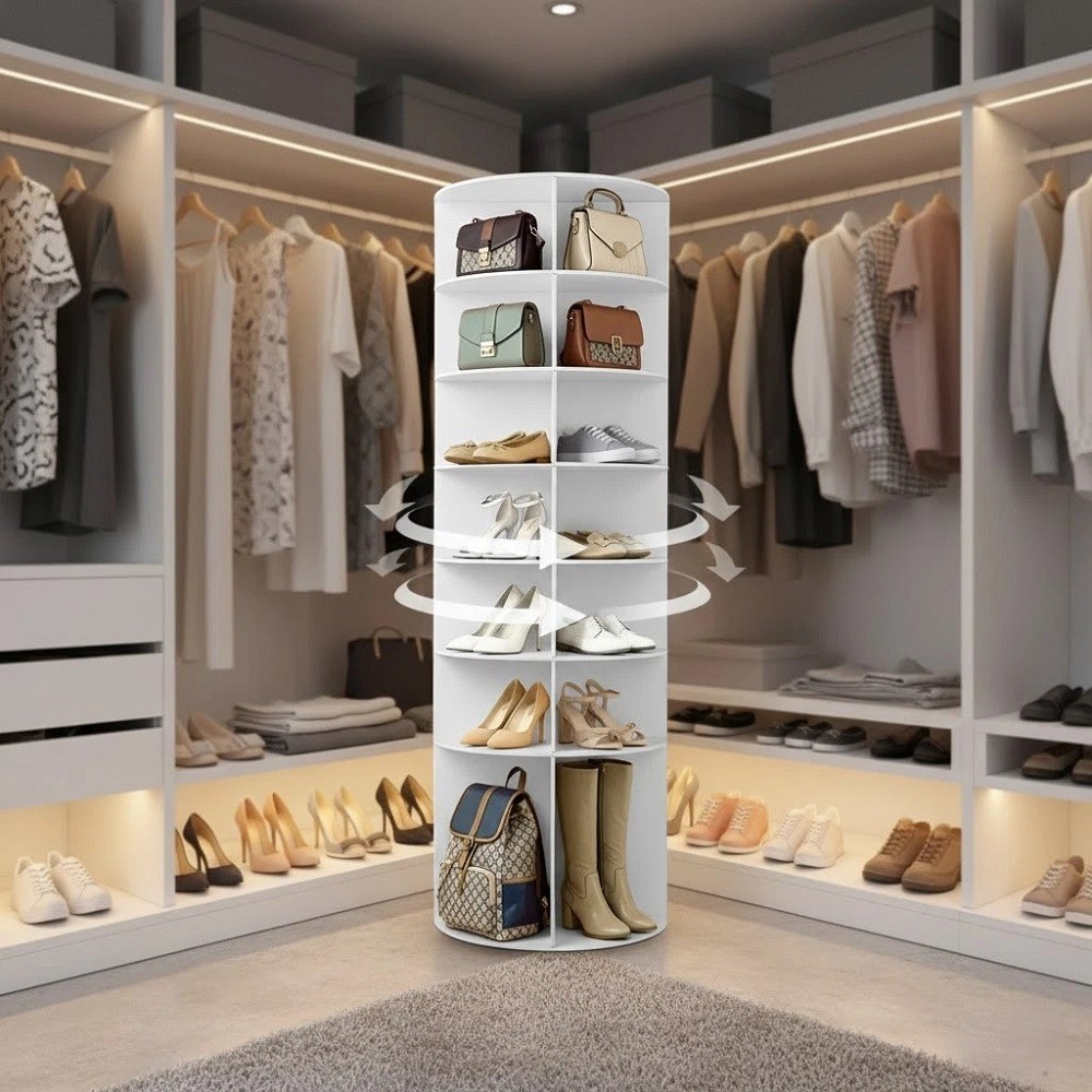 7 Tier Rotating Shoe Rack 360 Storage Organizer Closet Cabinet Tower Wood White gallery