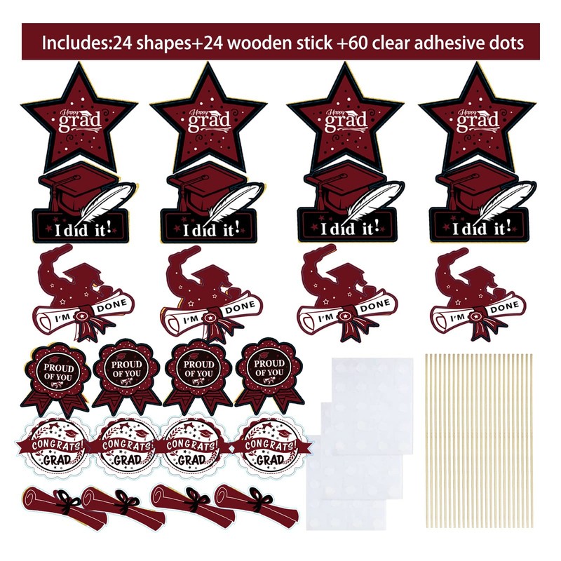 24 PCS Graduation Decorations Maroon Black 2025 Sticks Table Toppers Burgundy gallery