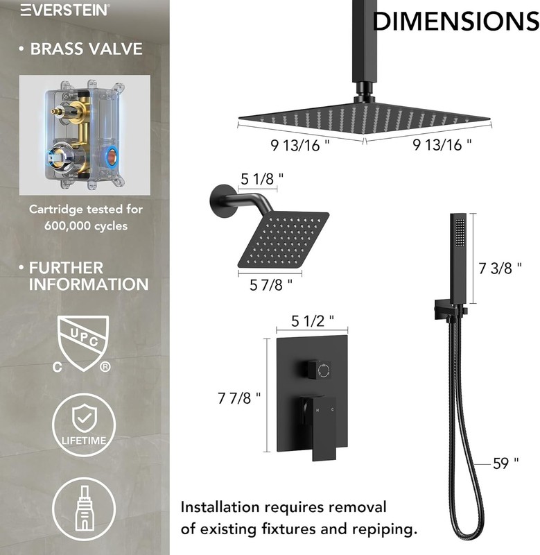 EVERSTEIN Ceiling & Wall Mount 3 in 1 Shower System with Handheld SFS-1060-BK10 gallery