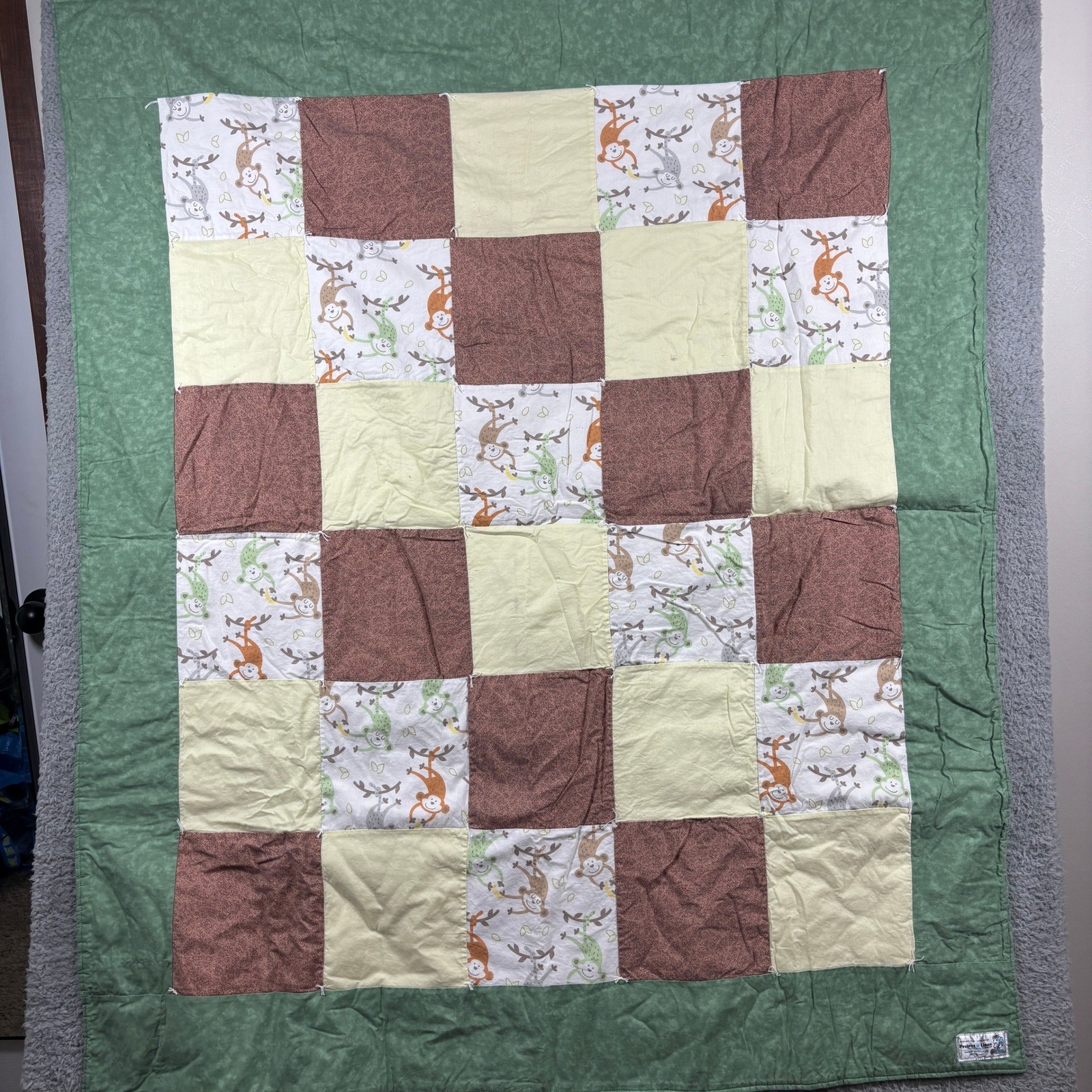 Project Linus Handmade Reversible Monkey Patchwork Polka Dot Quilt 52x42 Green gallery