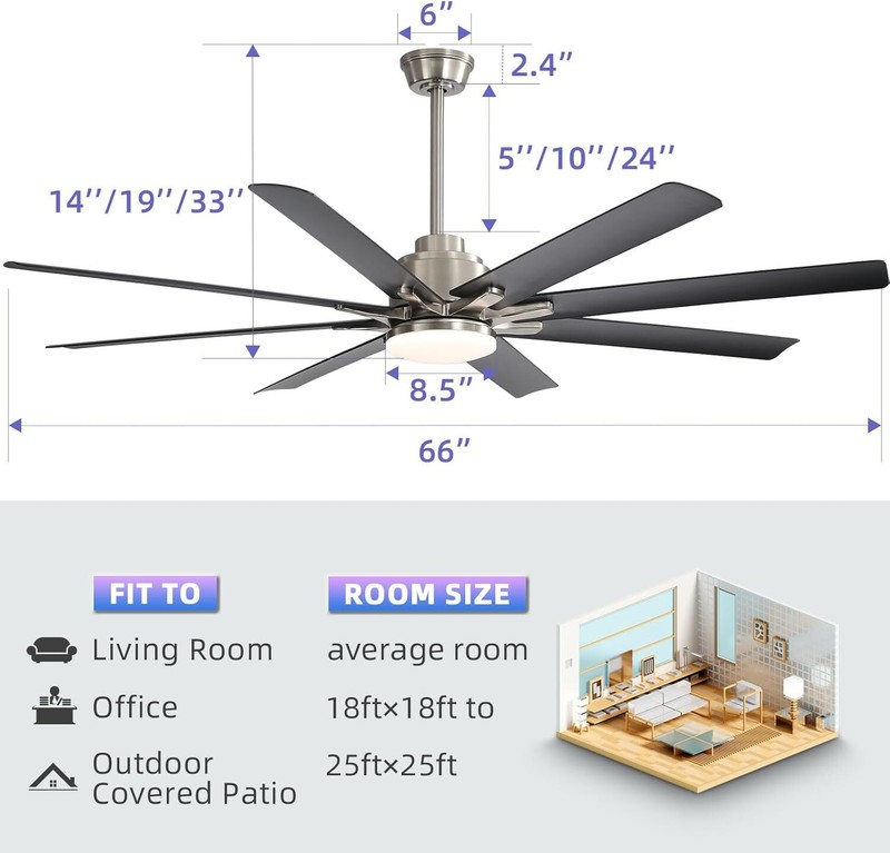 Extra Large 66'' Ceiling Fan & Light APP Remote Control 8-Blades Cooling Modern gallery
