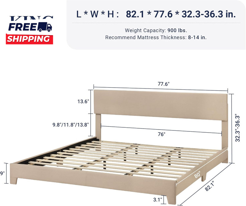 King Size Bed Frame with Adjustable Headboard Upholstered Platform Bed gallery