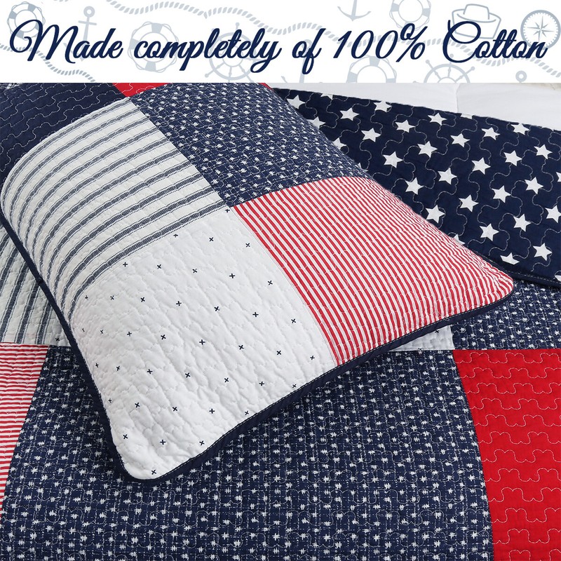 Patriotic Patchwork Plaid Red White Blue Cotton Quilt Bedding Set gallery
