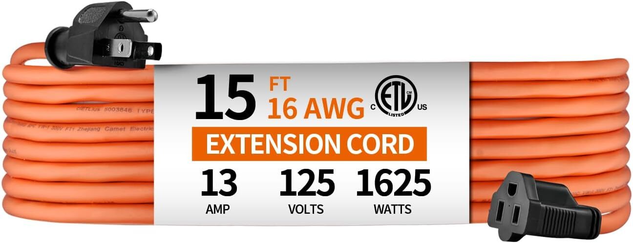 15ft 16AWG Outdoor Extension Cord, 3-Prong Grounded Plug, 13A 1625W gallery