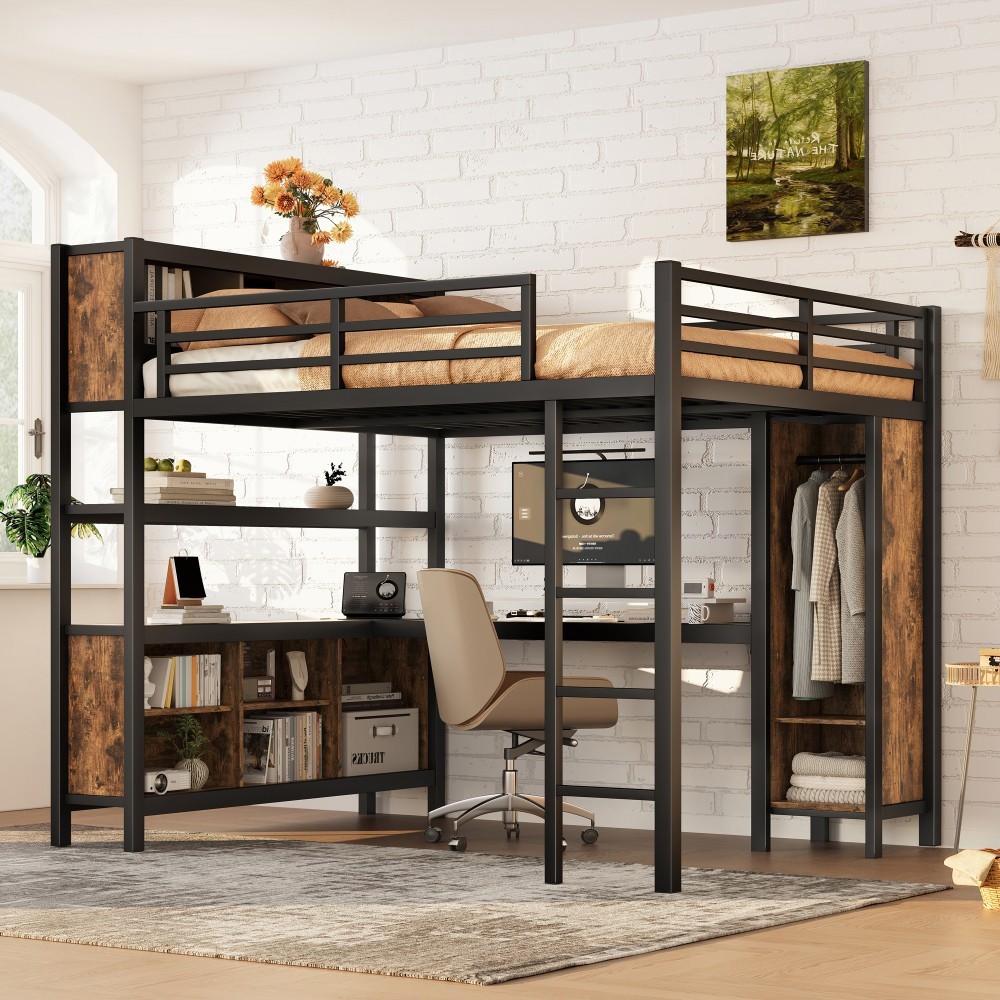 Metal Loft Bed w/Wardrobe & L-shaped Desk,Queen Size Loft Bed for Kids Teens gallery