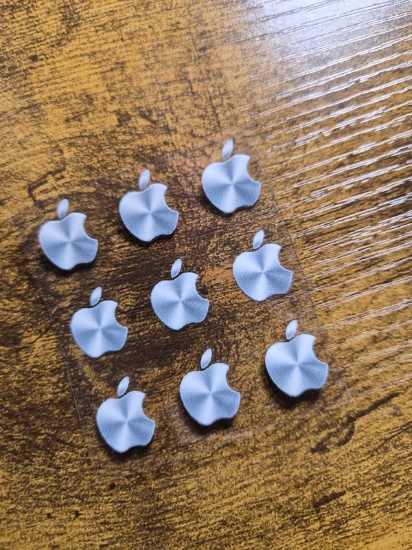 9 pc. Apple Logo Metallic Silver 5/8 in tall UV DTF Decal Sticker waterproof USA gallery