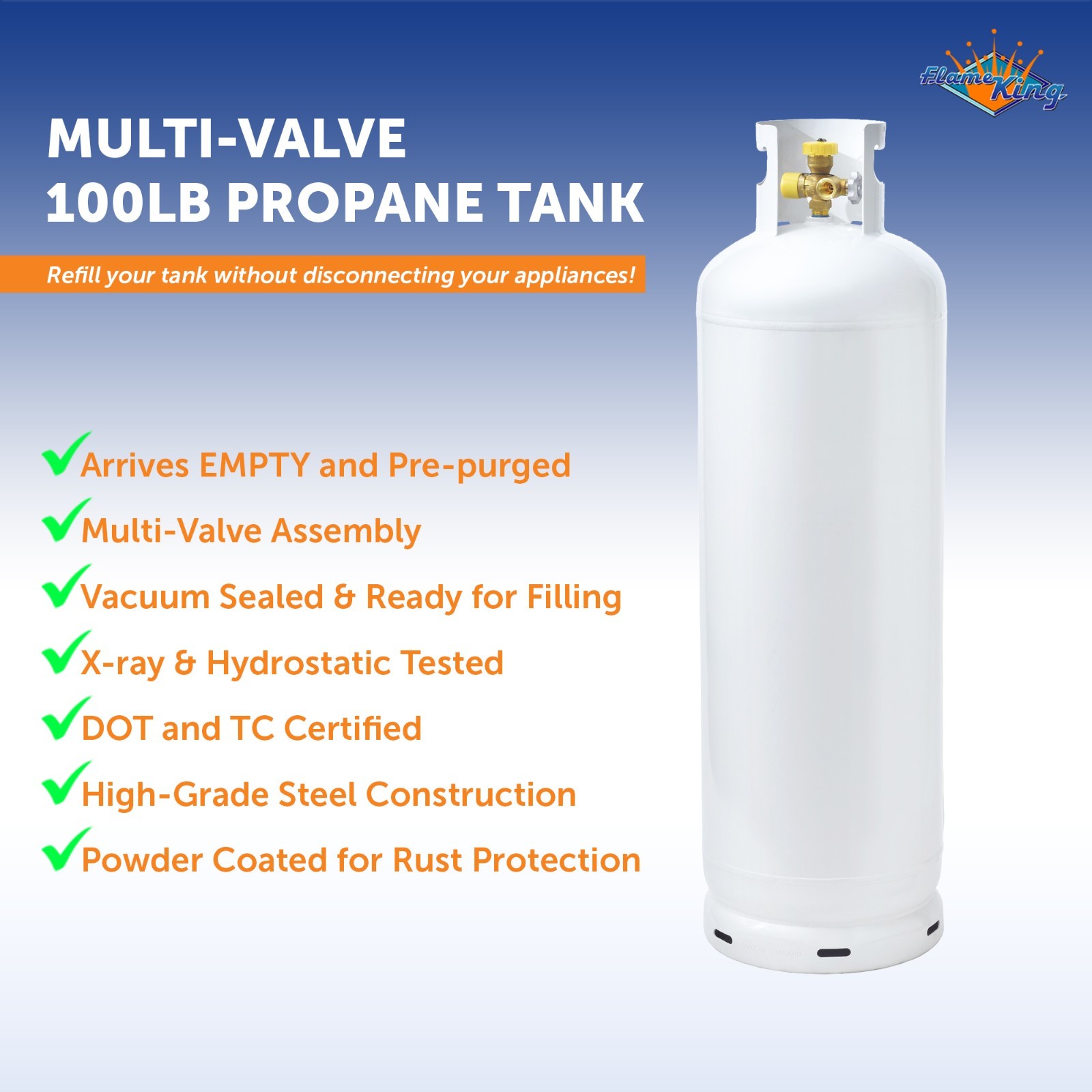 100 LB Multi-Valve Propane Tank with High Capacity Filler Valve gallery