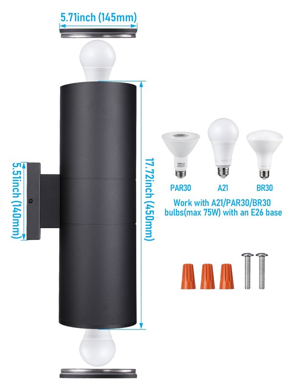 2 Pack 17.72" Up and Down Wall Sconce, 2-Light Outdoor Porch Light, E26 Base gallery