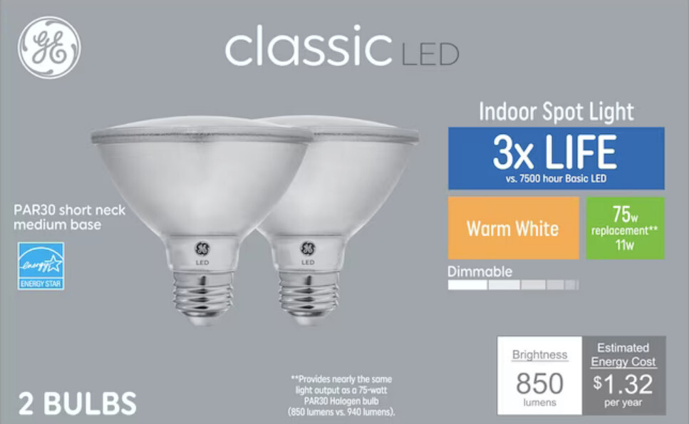 (6 bulbs) GE classic LED PAR30 Shortneck, 75 W Equivalent, Dimmable Warm White gallery