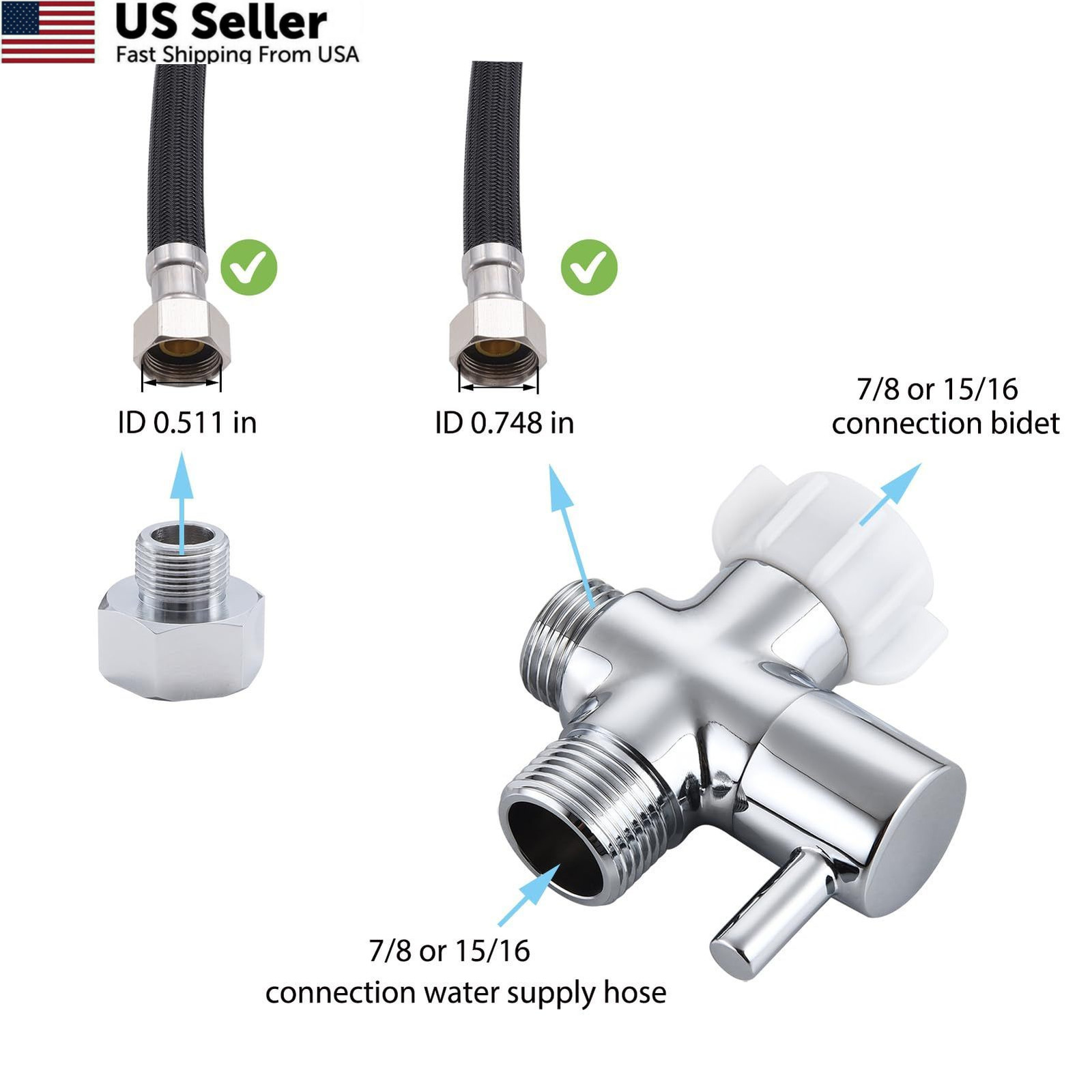 Walkinginrain Bidet T Adapter With Shut off Valve,3 7/8" or 15/16'', Chrome gallery