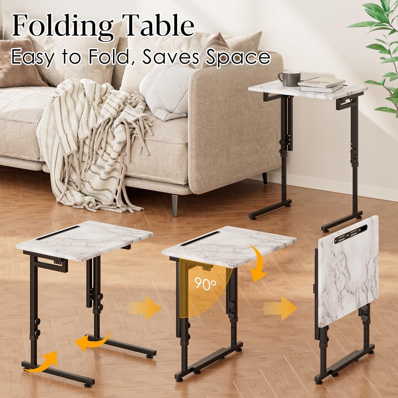 TV Tray Folding Adjustable C Shaped End Table White Marble 2Pcs BSL3363 Foldable gallery