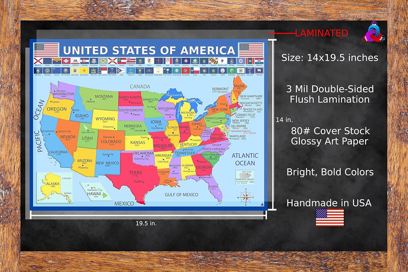 United States Map with State Flags Poster - Laminated 14X19.5 In. - Educational gallery