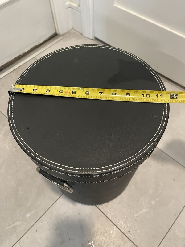 Vintage Black Round Leather Storage Bin 15” X 11 1/2” Velvet Lined Hard Shell gallery