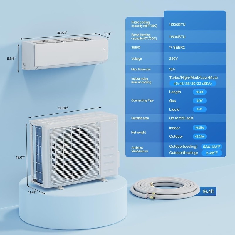 11500 BTU Mini Split Air Conditioner with 17 SEER2 Efficiency, Smart Split Unit gallery