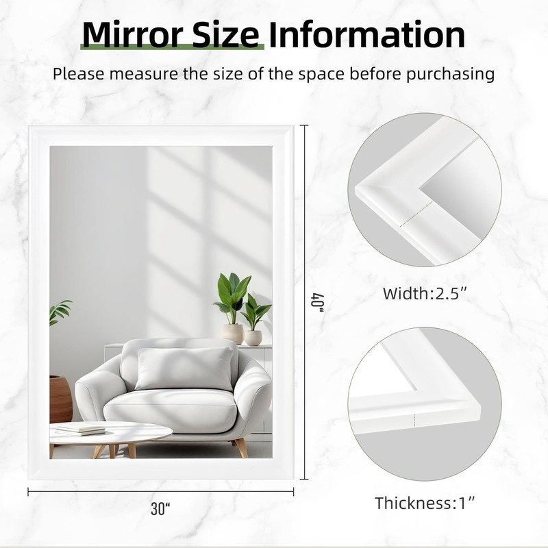 Rectangle Mirrors for Wall 30x40 Inch, White Wood Framed 40"L x 30"W, gallery