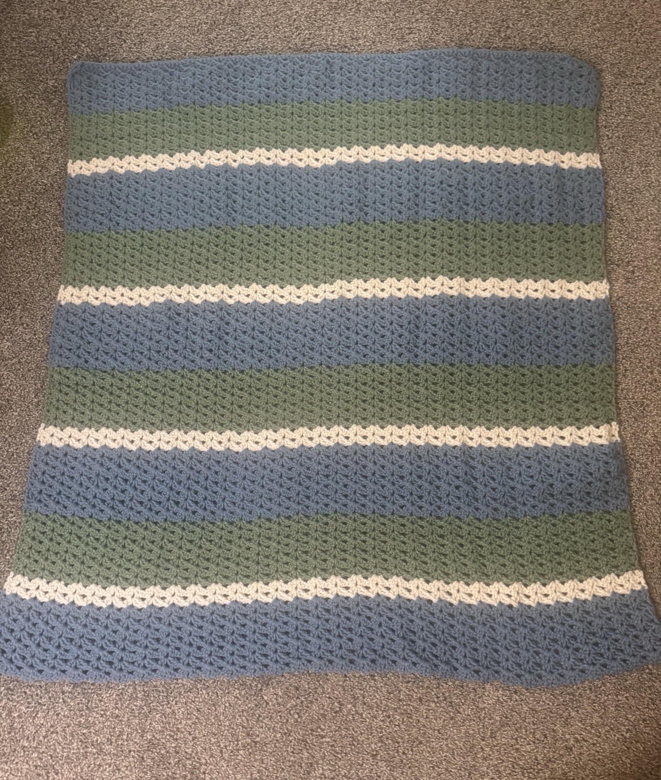 Handmade Crochet Striped Throw Blanket Textured Blue Green White 54 x 39 gallery
