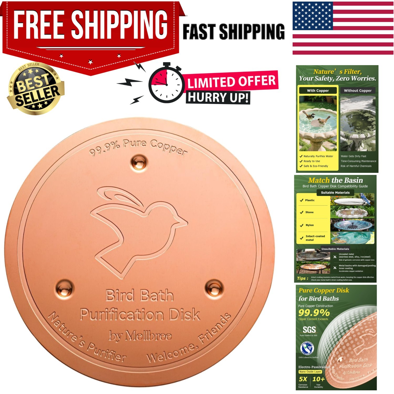 99.99% Pure Copper Bird Bath Disk: Universal Fit for Clean Water All gallery