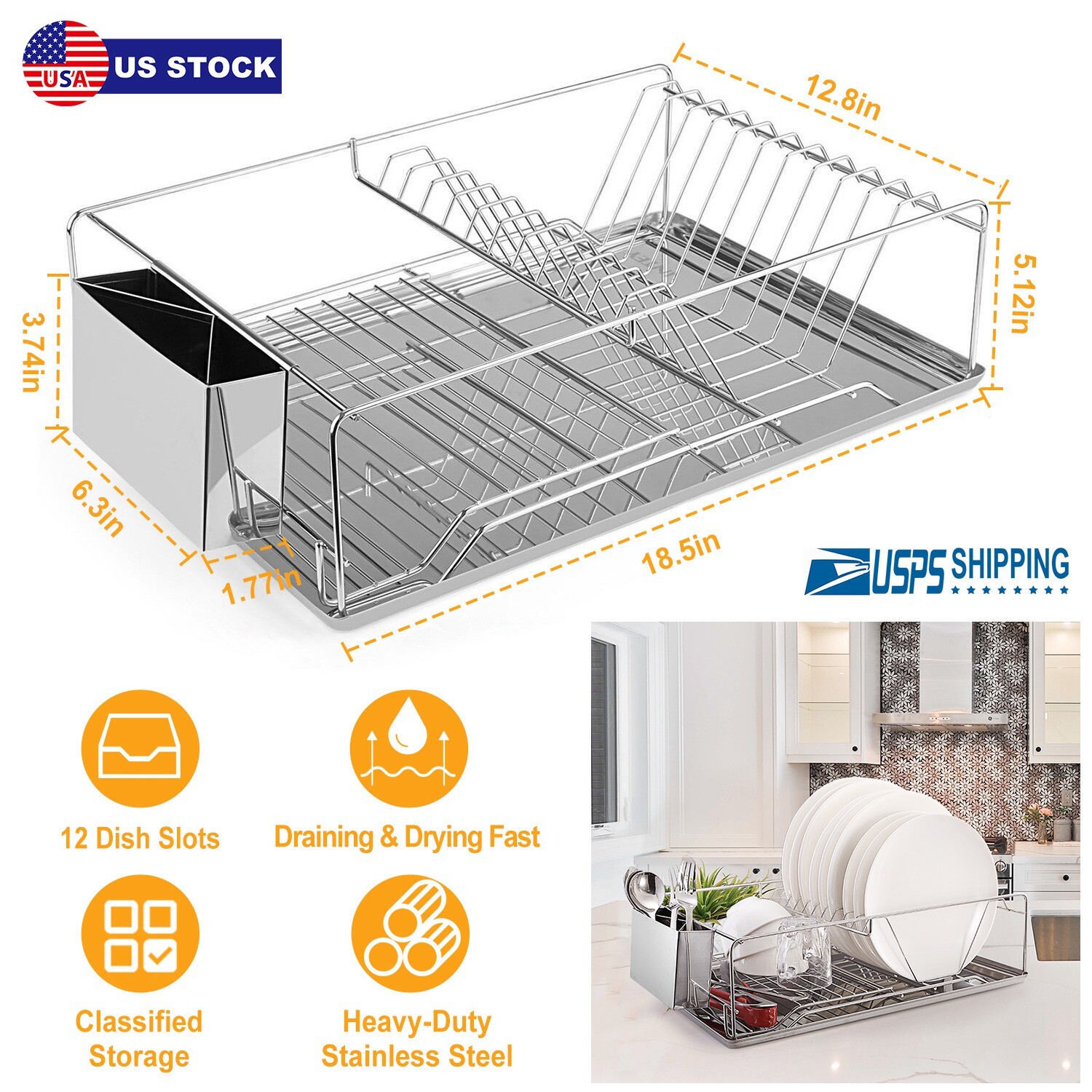Kitchen Over Sink Dish Drying Rack Stainless Steel Drainer Holder w/ Drainboard gallery